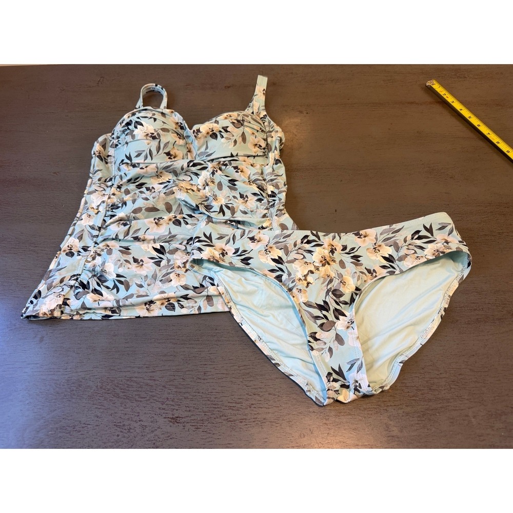 Nip Tuck Swim Floral Tankini Set Blue Ruched Top High Waist Bottoms US 10